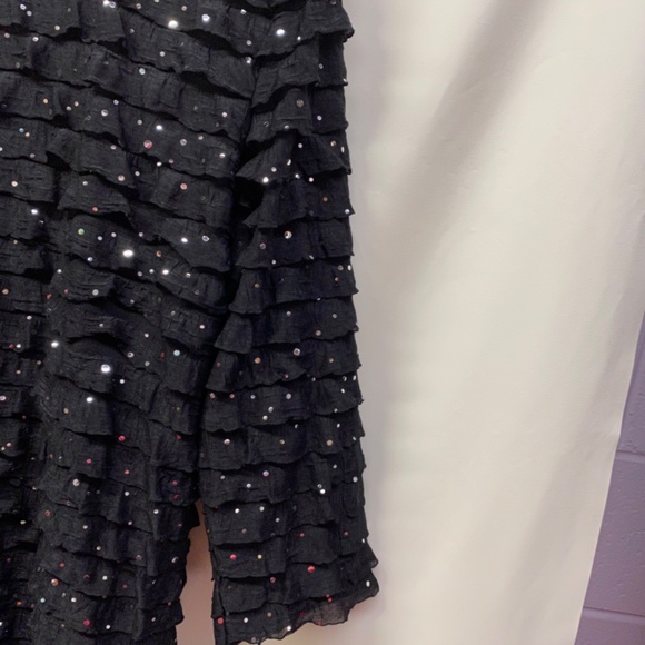 Jet Black Fancy crepe-ish fabric Top with sequins & small ruffles, lightweight - Picture 3 of 9